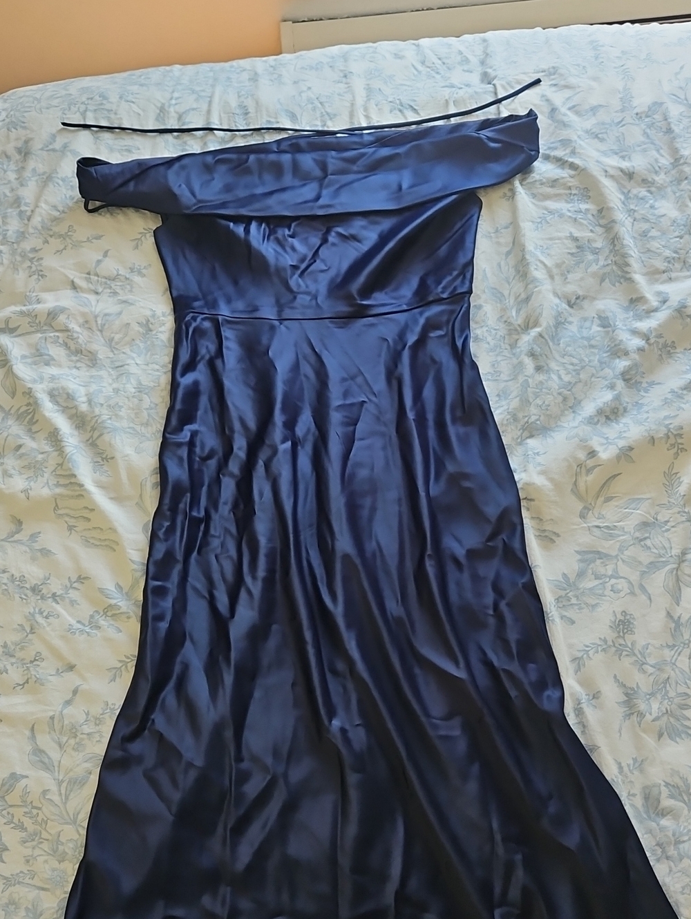 Classic Navy Satin Off Shoulder Dress